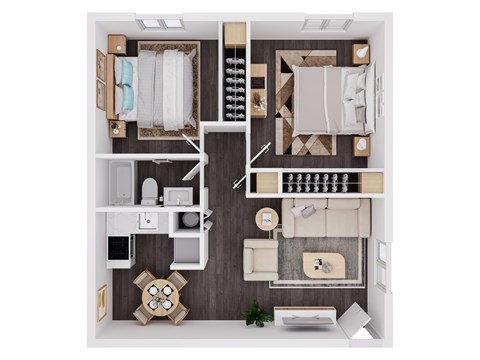 Floor plan for 2 beds, 1 bath, 648 sqft